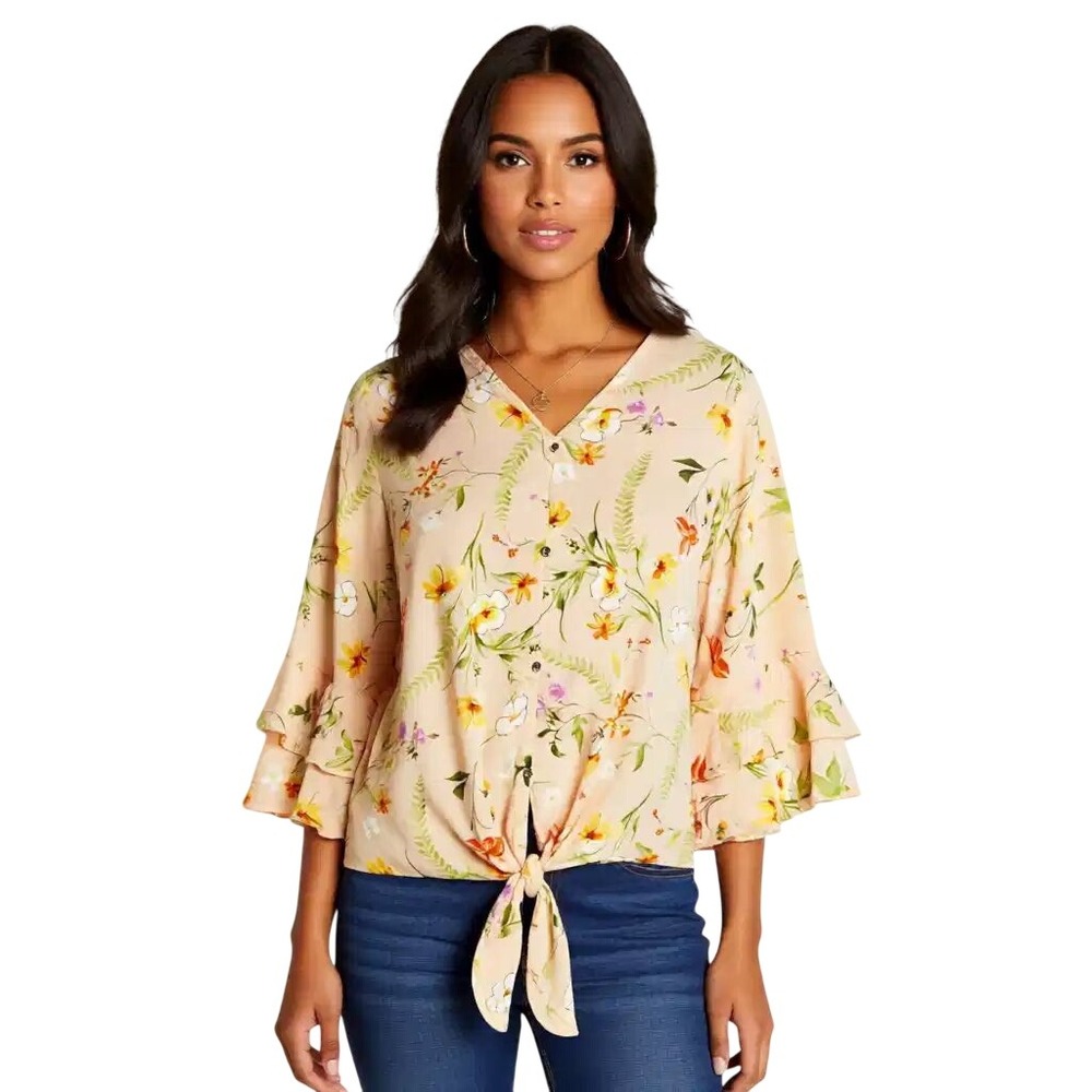 Cocomo Woman Floral Tie Front Ruffle Sleeve Blouse Peach 1X NWT